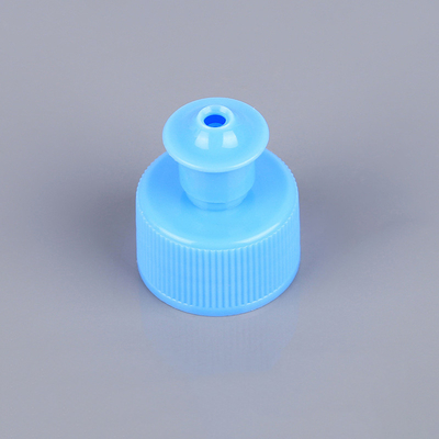 Tutup Botol Kosmetik PET Biru 28mm Push Pull Cap Tidak Ada Kebocoran