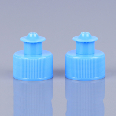 Tutup Botol Kosmetik PET Biru 28mm Push Pull Cap Tidak Ada Kebocoran